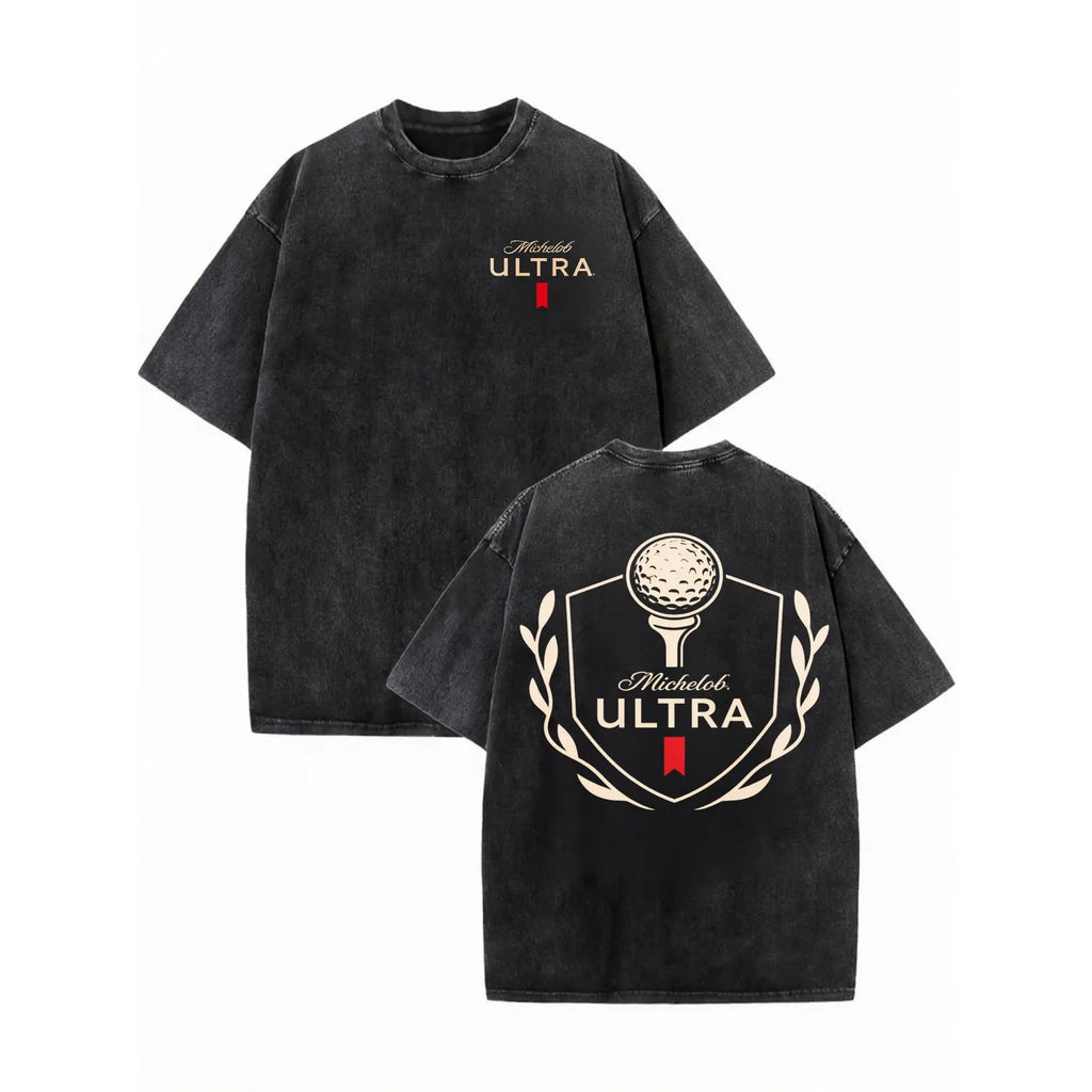 100% Cotton Michelob Ultra Golf Ball Wash Cotton Vintage Distressed Graphic Tee, Men'S Short Sleeve Pure Cotton Washed T-Shirt Loose Fit, Retro Sports Streetwear Vintage Casual Golf Beer Aesthetic Baggy